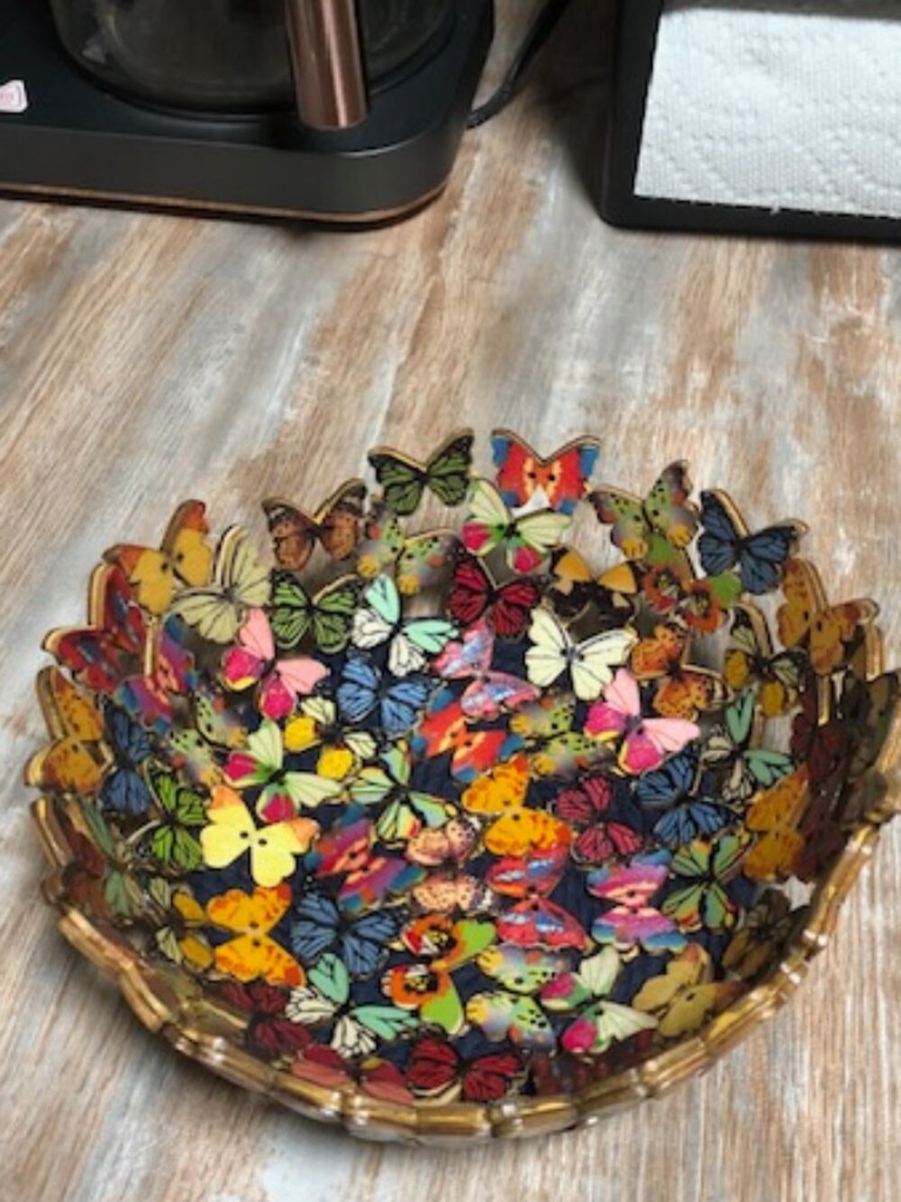 Sturdy Handmade Butterfly Catchall Bowl made with Wooden Buttons and Yarn Base.